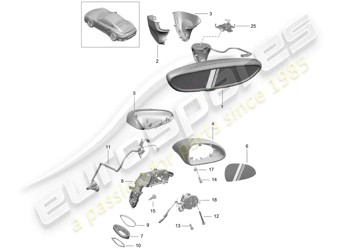 porsche 2019 (991-2 turbo) rear view mirror inner parts diagram