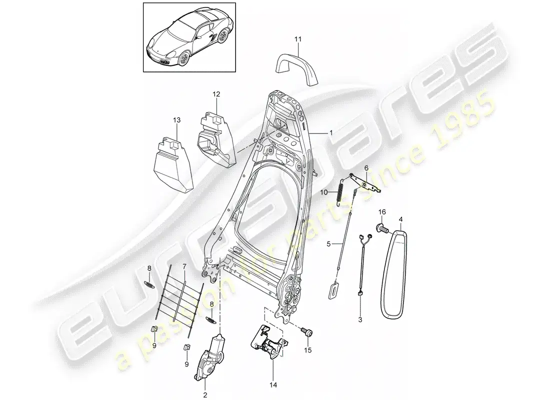 porsche 2009 (987 cayman) backrest frame parts diagram
