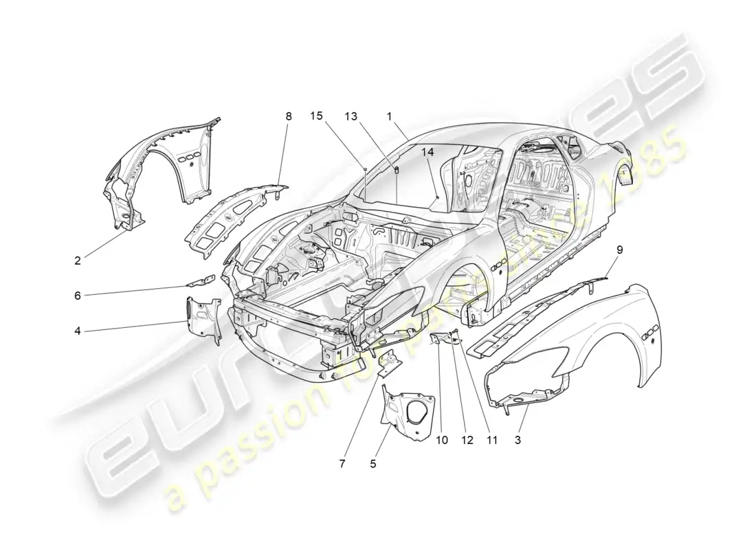 maserati granturismo (2013) bodywork and front outer trim panels parts diagram