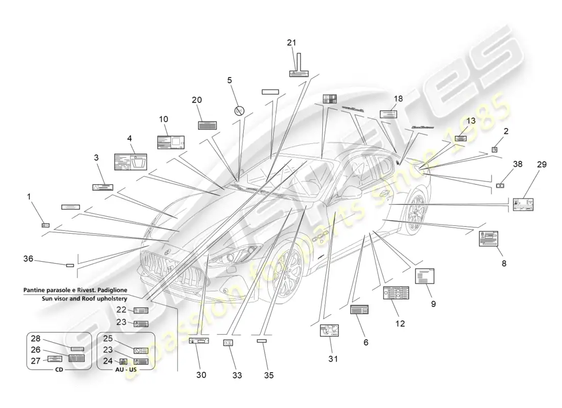 maserati granturismo s (2019) stickers and labels parts diagram
