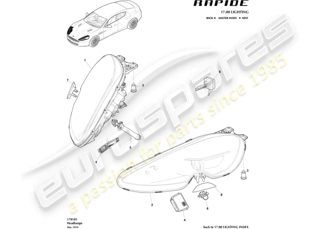 aston martin rapide (2017) headlights parts diagram