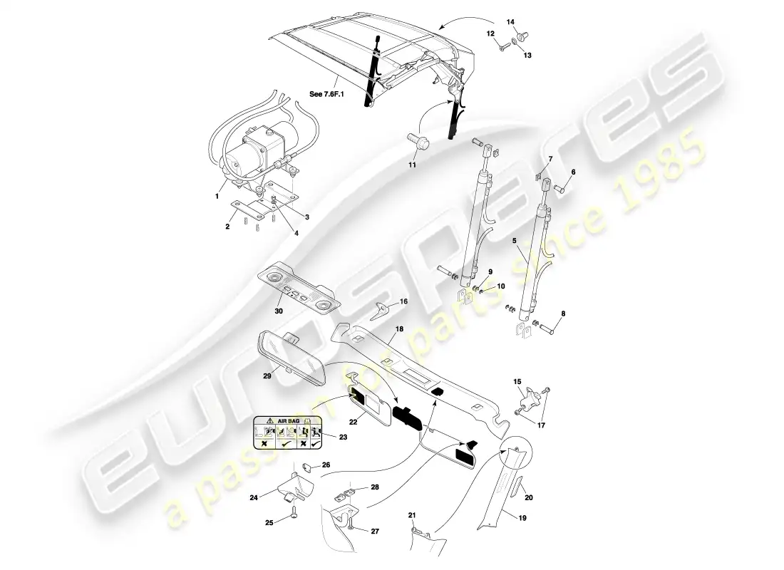 aston martin db7 vantage (1999) volante roof & upper trim part diagram