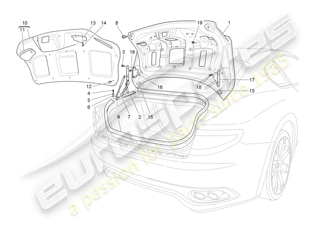 maserati granturismo (2008) rear lid parts diagram