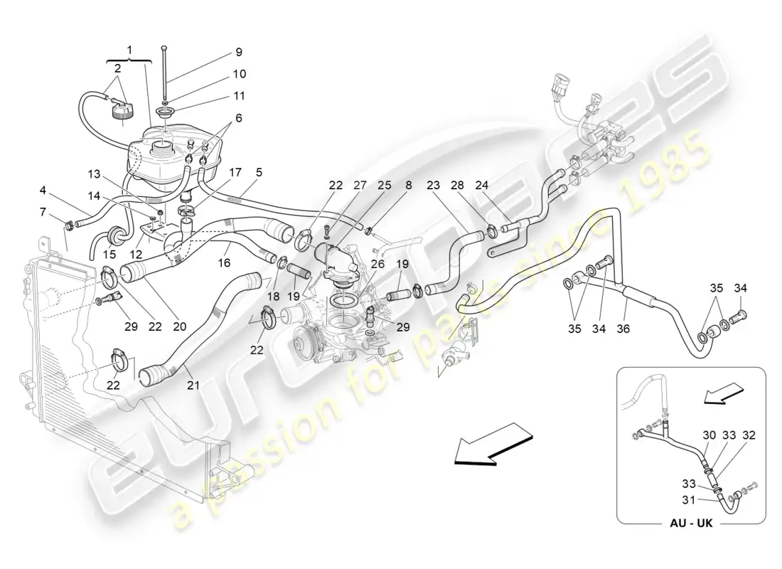 maserati granturismo (2011) cooling system: nourice and lines parts diagram