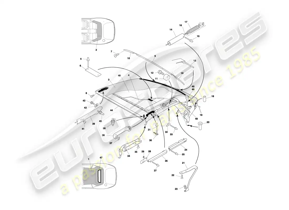 aston martin db7 vantage (1999) volante roof & upper trim part diagram