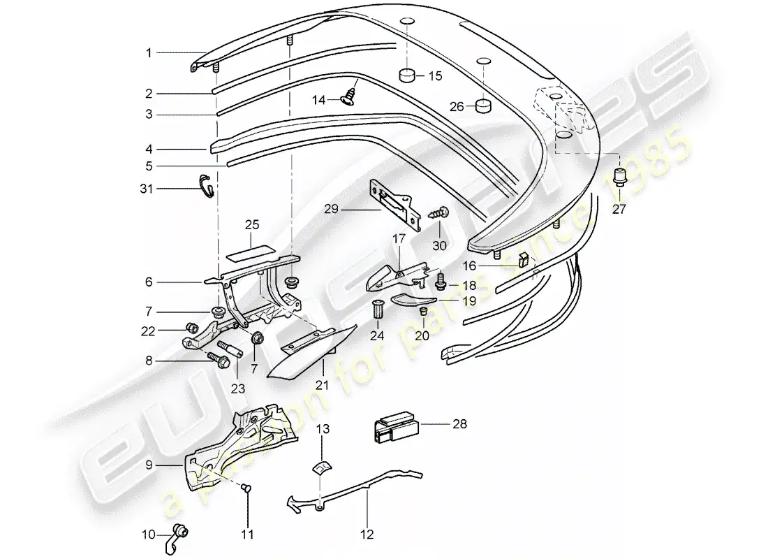 porsche 2002 (996) top stowage box - cover - gaskets parts diagram