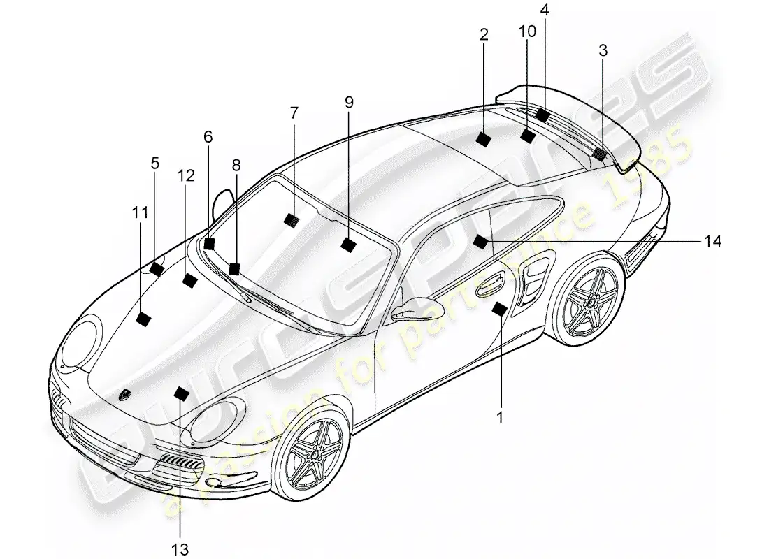 porsche 2011 (997-2 turbo / gt2 rs) signs/notices parts diagram