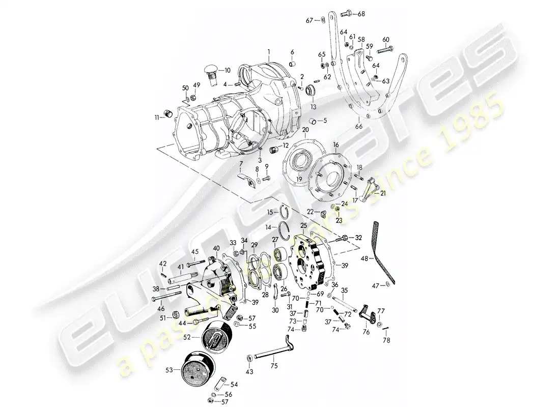 porsche 1953 (356/356a) transmission case - with: - transmission suspension - for - tunnel transmission parts diagram