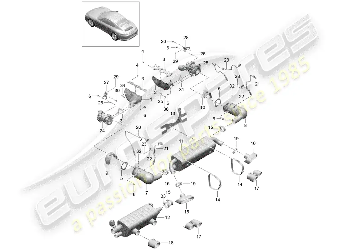 porsche 2019 (991-2) exhaust system parts diagram