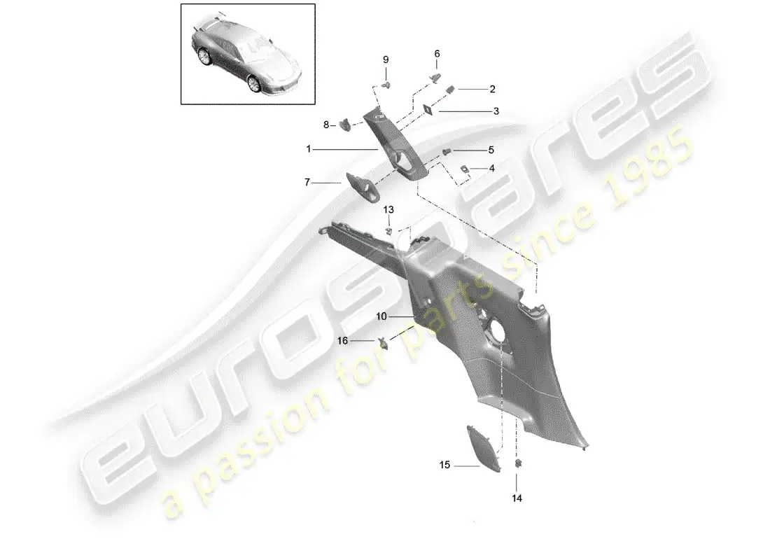 porsche 2014 (991-1 r/gt3/rs) quarter trim panel parts diagram