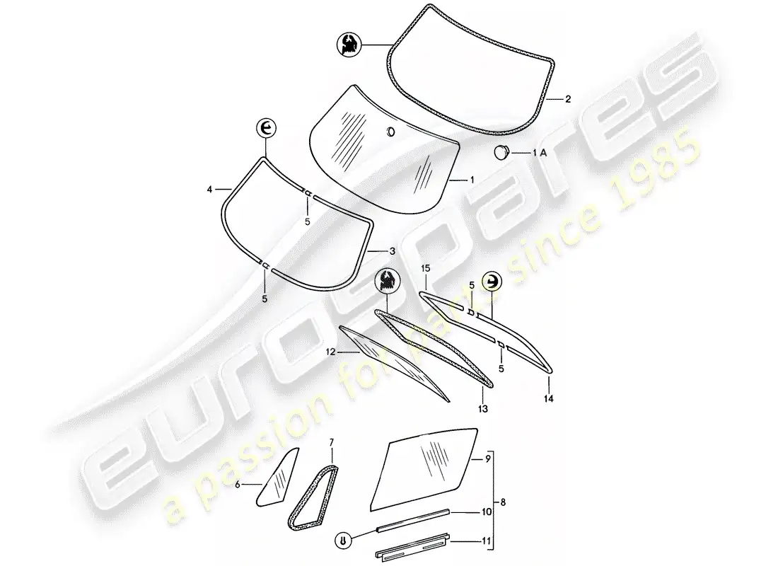porsche 1985 (911) window glazing parts diagram