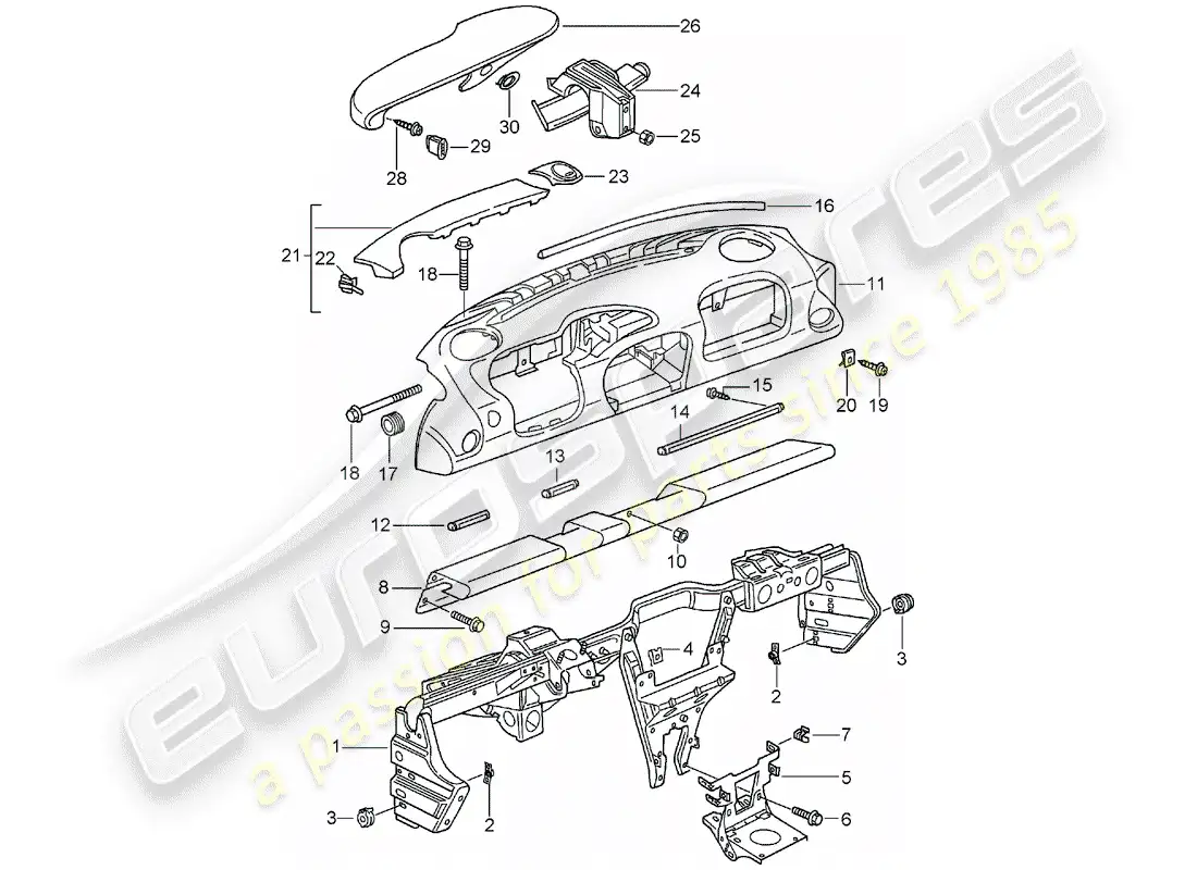 porsche 2001 (996) dash panel trim - with: - retaining frame parts diagram