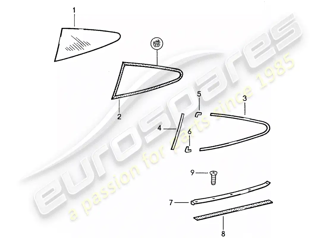 porsche 1988 (959) window glazing parts diagram