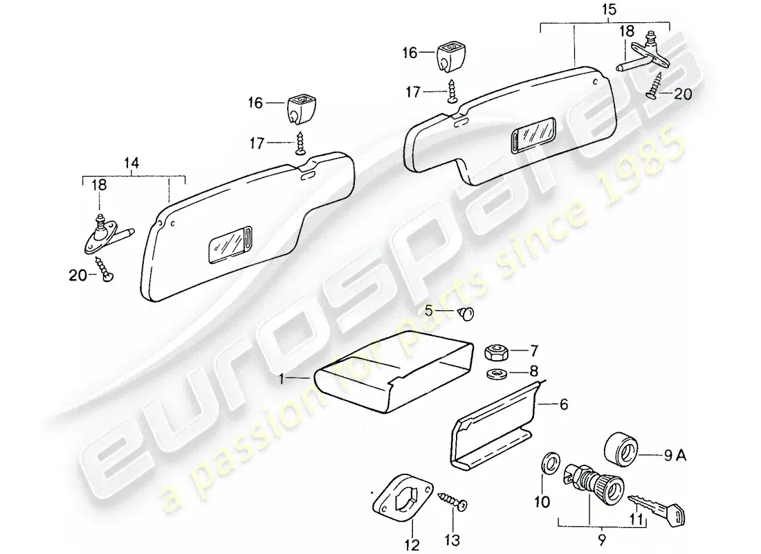 porsche 1987 (959) glove box - sun vizor parts diagram