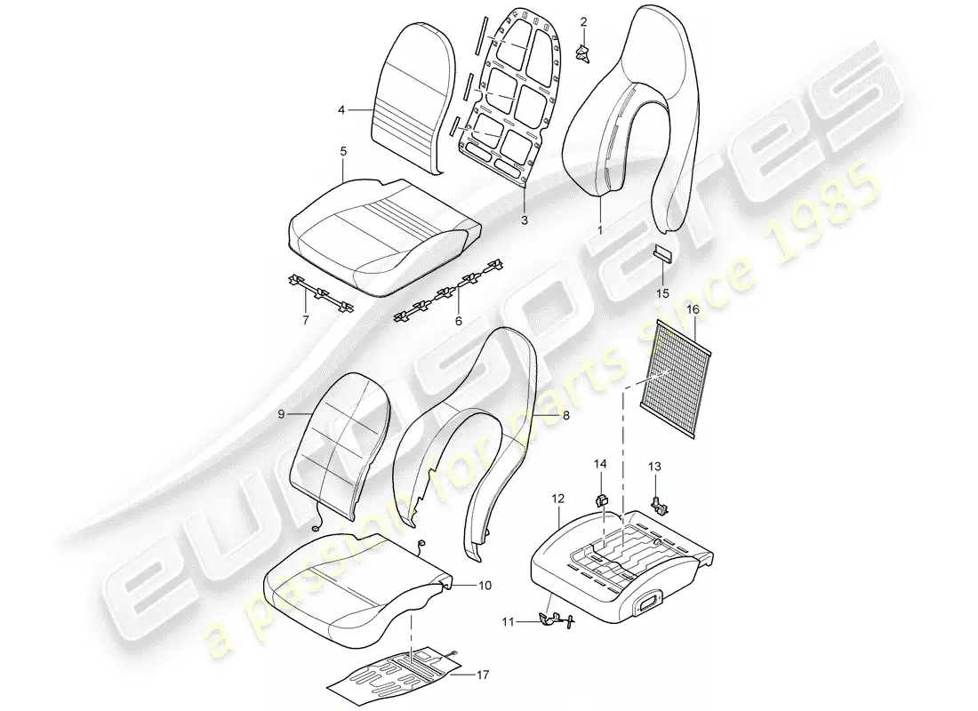 porsche 2001 (986 boxster) seat covers - backrest covers - foam part - standard seat - comfort seat part diagram