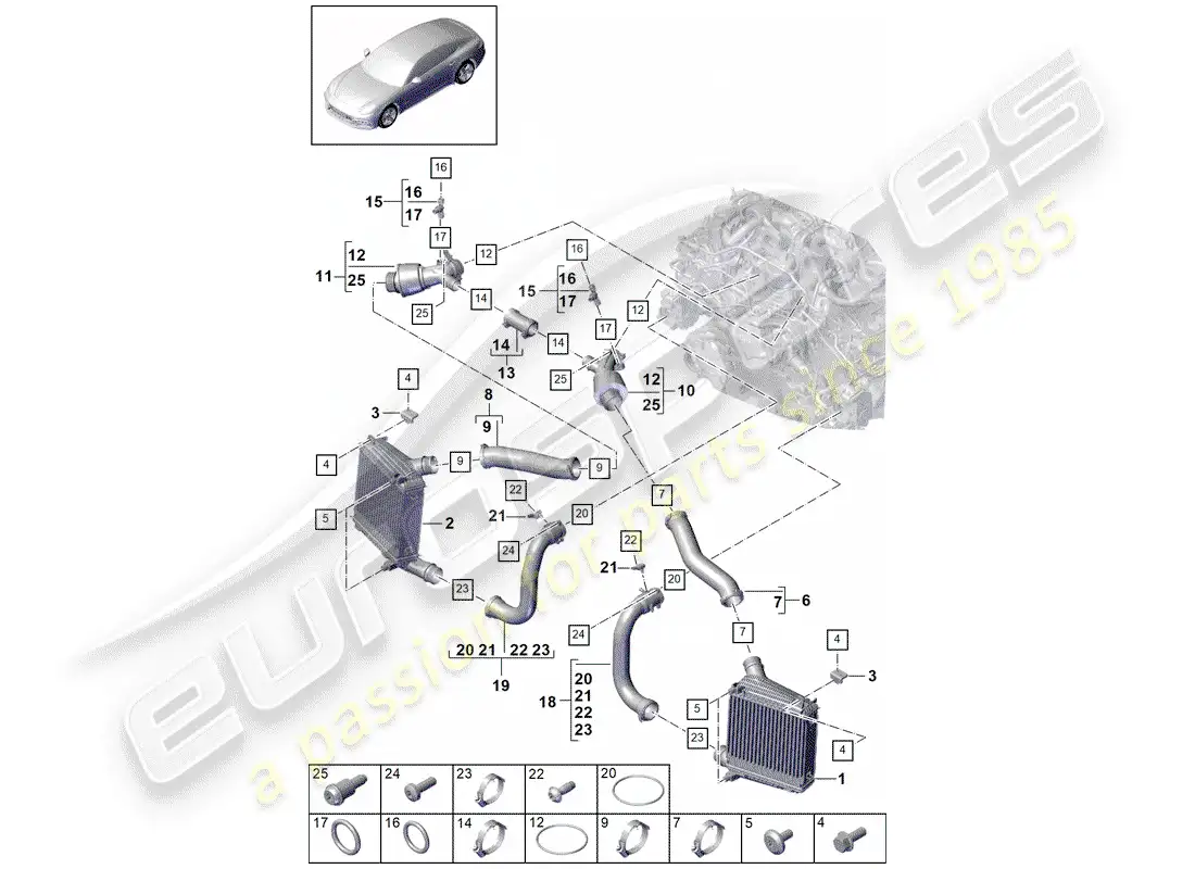 porsche 2017 (panamera 971-1) charge air cooler parts diagram