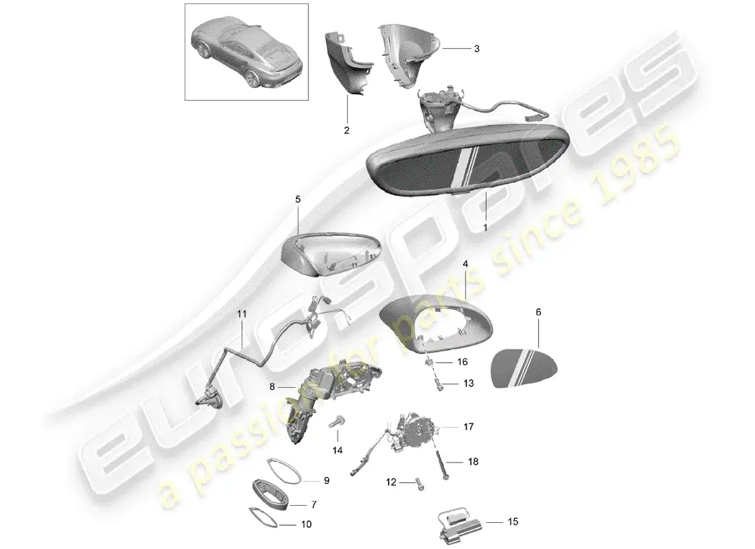 porsche 2019 (991-2 turbo) rear view mirror inner parts diagram