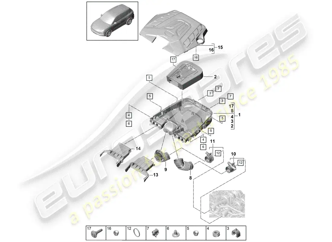 porsche 2019 (cayenne e3 9ya/9yb) air cleaner with connecting parts diagram