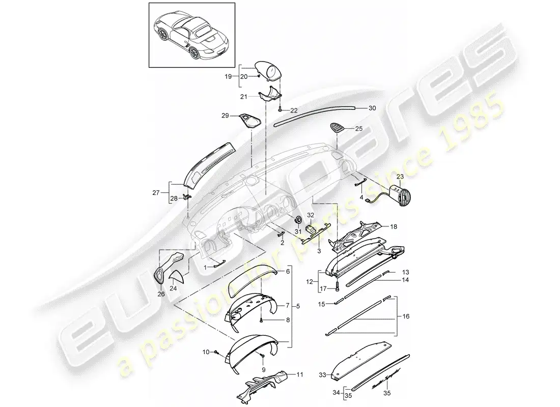 porsche 2009 (987 boxster) dash panel trim parts diagram