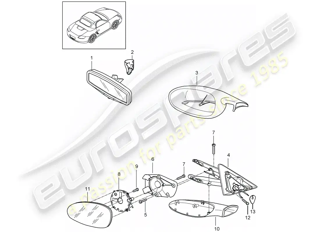 porsche 2012 (987 boxster) rear view mirror inner parts diagram