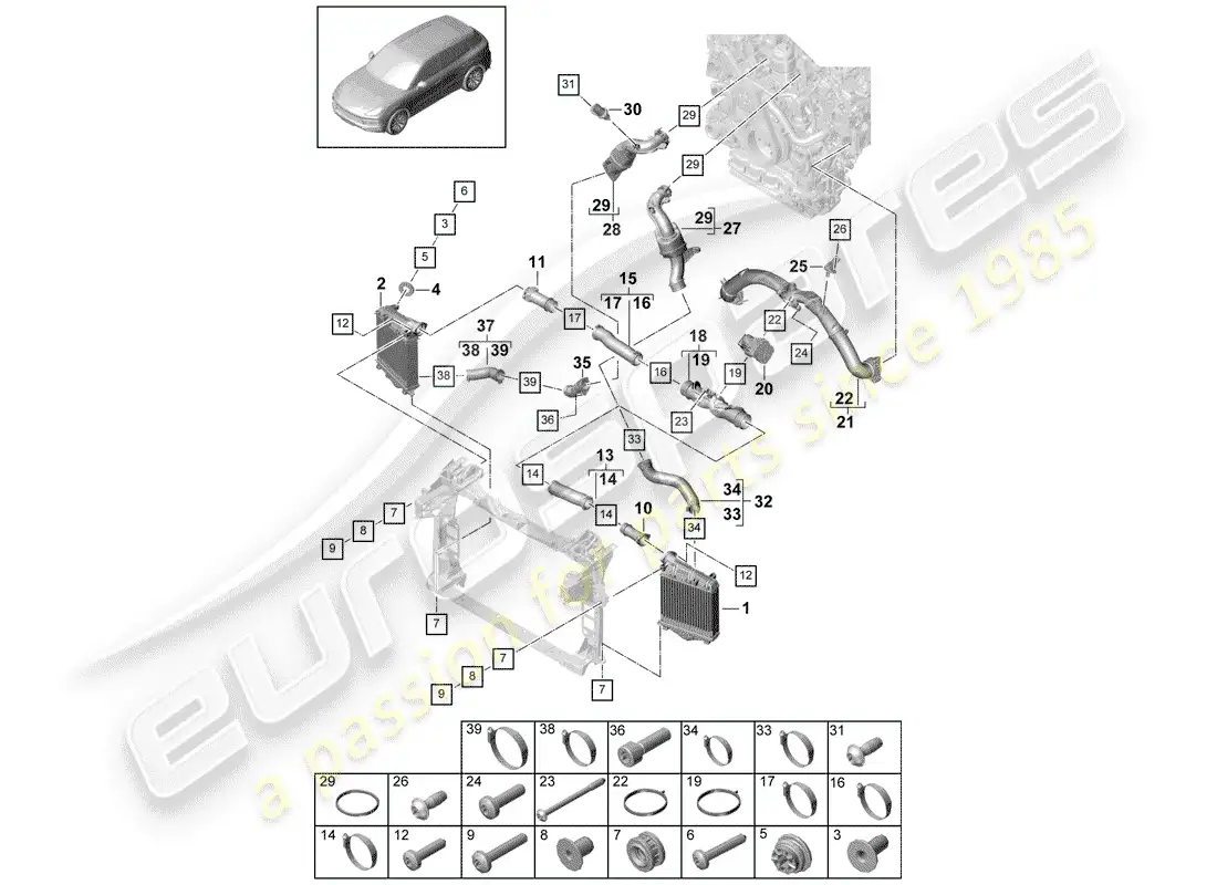 porsche 2020 (cayenne e3 9ya/9yb) charge air cooler part diagram