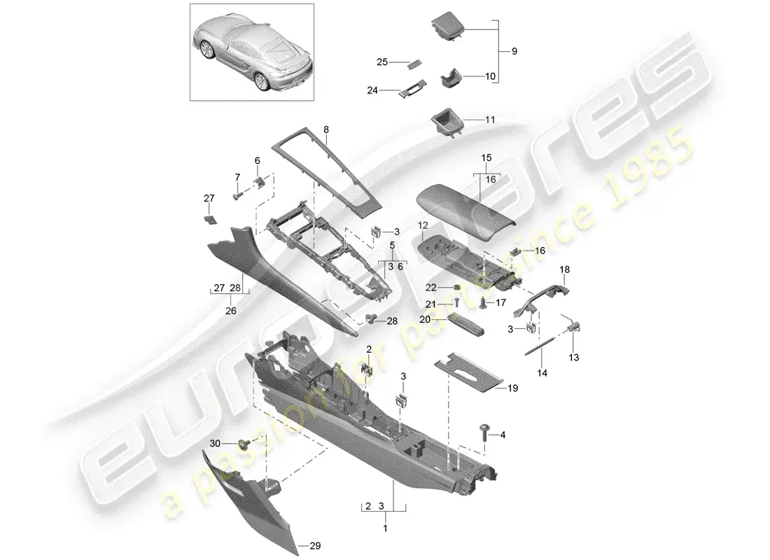 porsche 2016 (981 cayman gt4) center console part diagram