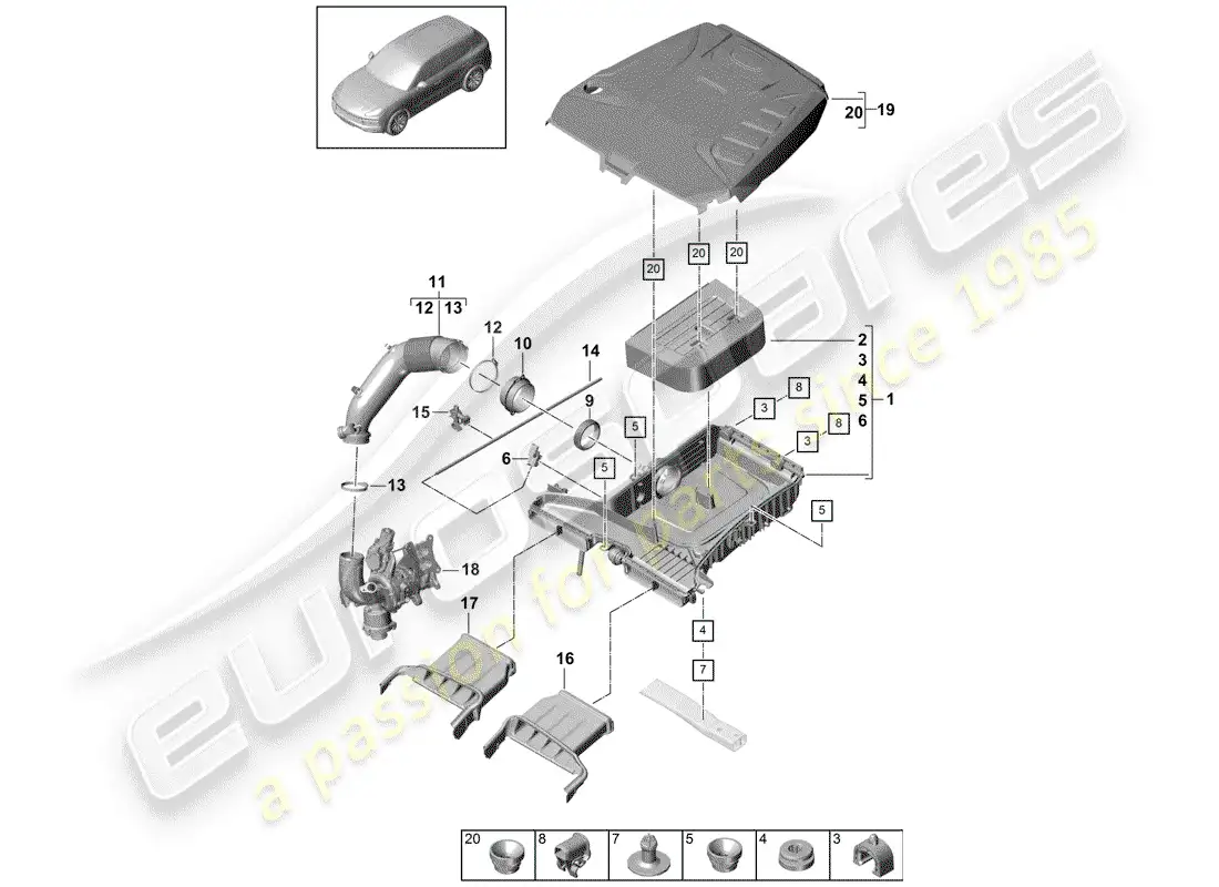 porsche 2019 (cayenne e3 9ya/9yb) air cleaner with connecting parts diagram