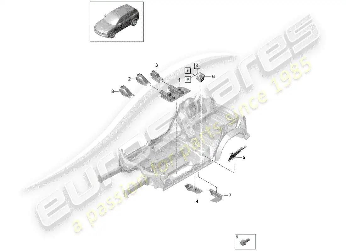 porsche 2018 (cayenne e3 9ya/9yb) floor plates parts diagram