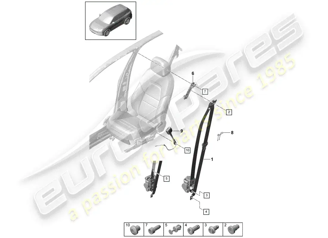 porsche 2018 (cayenne e3 9ya/9yb) three-point seat belt parts diagram