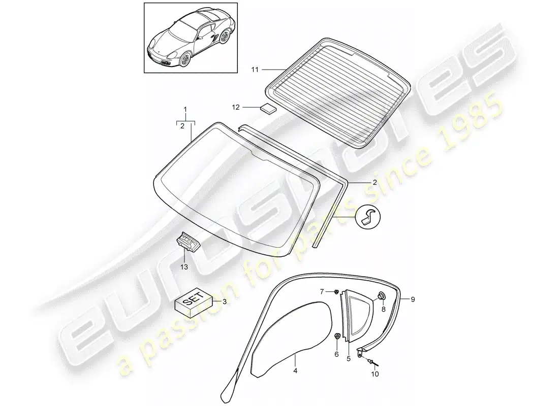 porsche 2012 (987 cayman) window glazing parts diagram