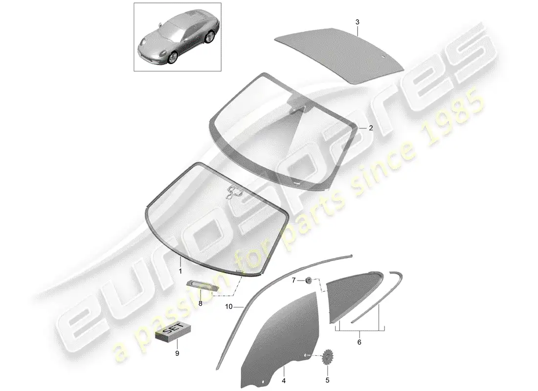 porsche 2016 (991-1) window glazing parts diagram