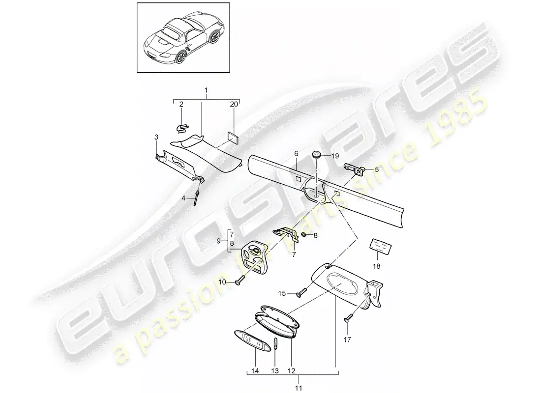 porsche 2010 (987 boxster) windshield frame parts diagram