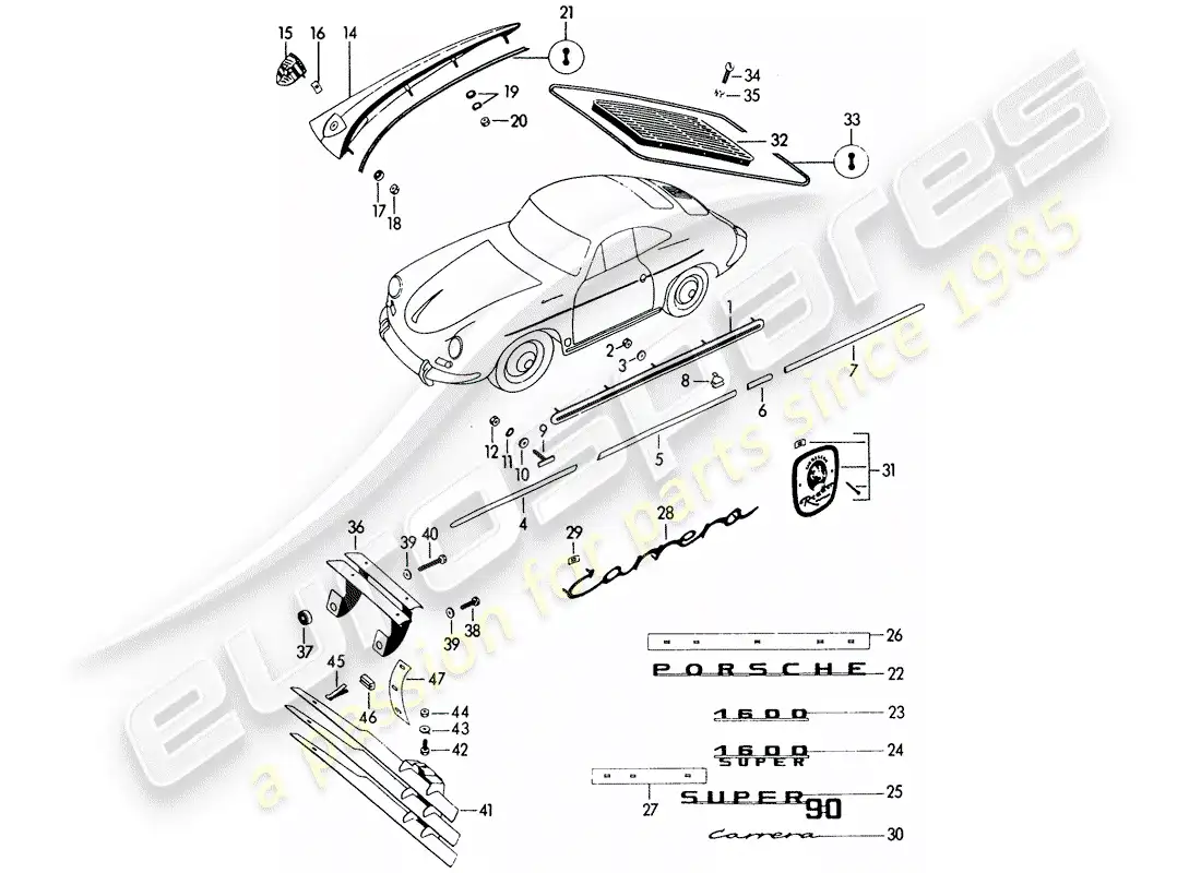 porsche 1964 (356b/356c) decorative fittings parts diagram