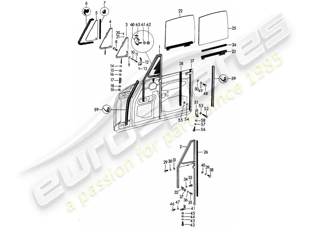 porsche 1963 (356b/356c) window frame - side window - door window - glass channel - door window parts diagram