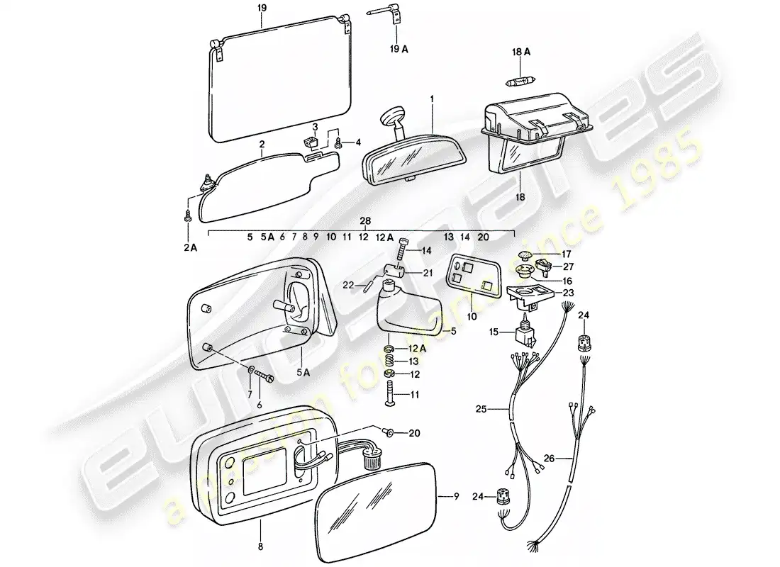 porsche 1981 (928) sun vizor - rear view mirror - rear view mirror inner - vanity mirror parts diagram