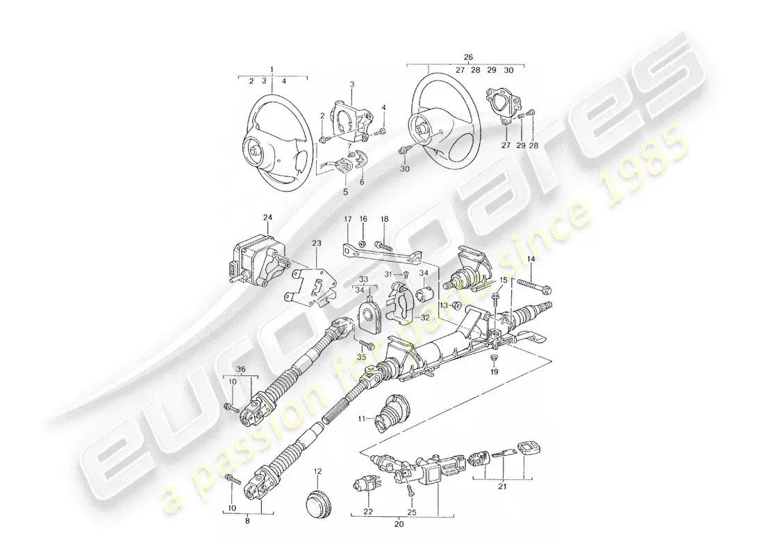 porsche 2004 (996) steering protective pipe - intermediate steering shaft - steering wheel parts diagram
