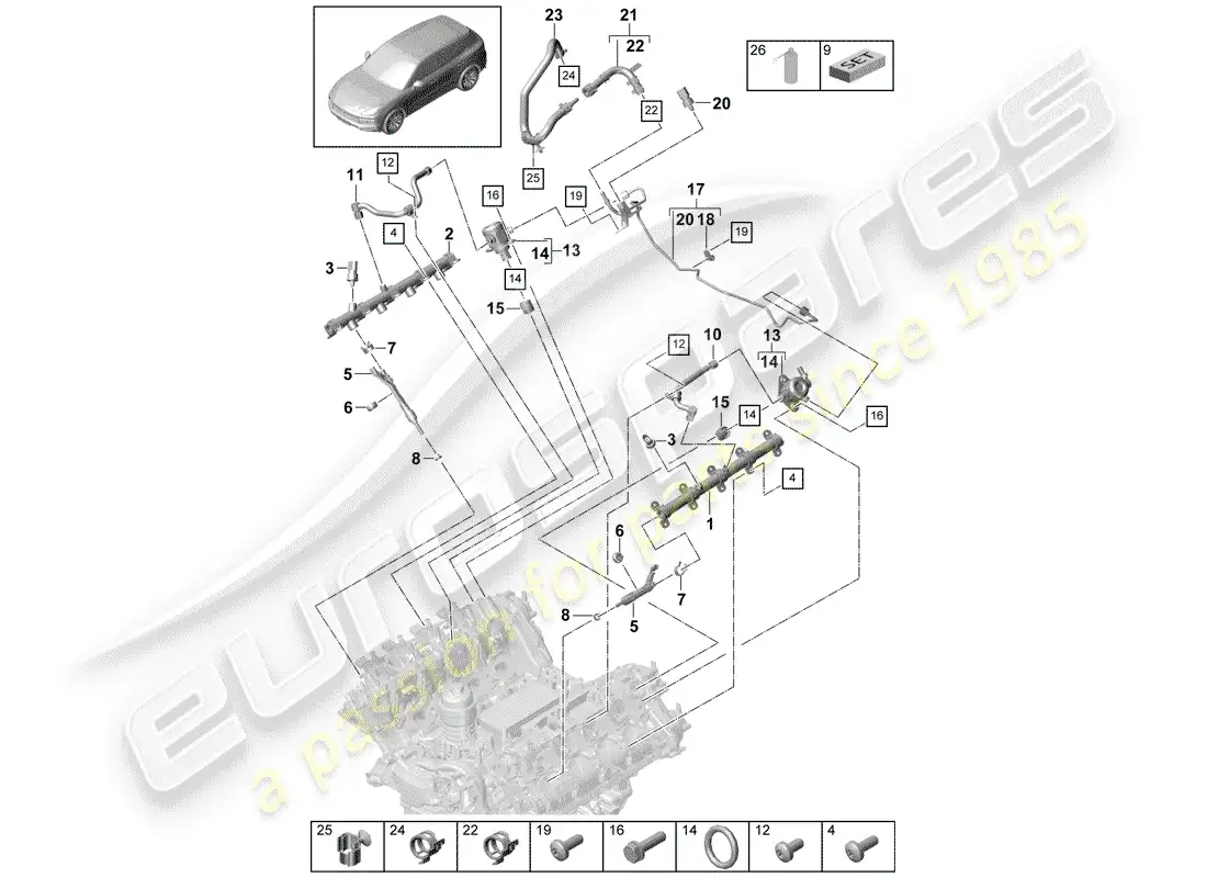 porsche 2020 (cayenne e3 9ya/9yb) fuel collection pipe parts diagram