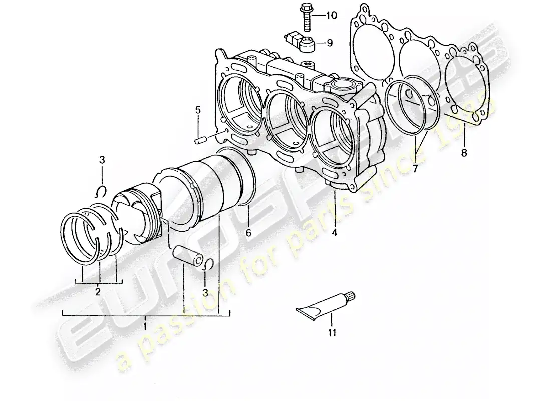 porsche 2001 (996 gt3) cylinder with pistons parts diagram