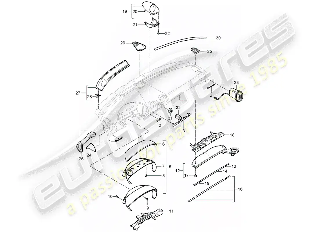 porsche 2005 (987 boxster) dash panel trim parts diagram