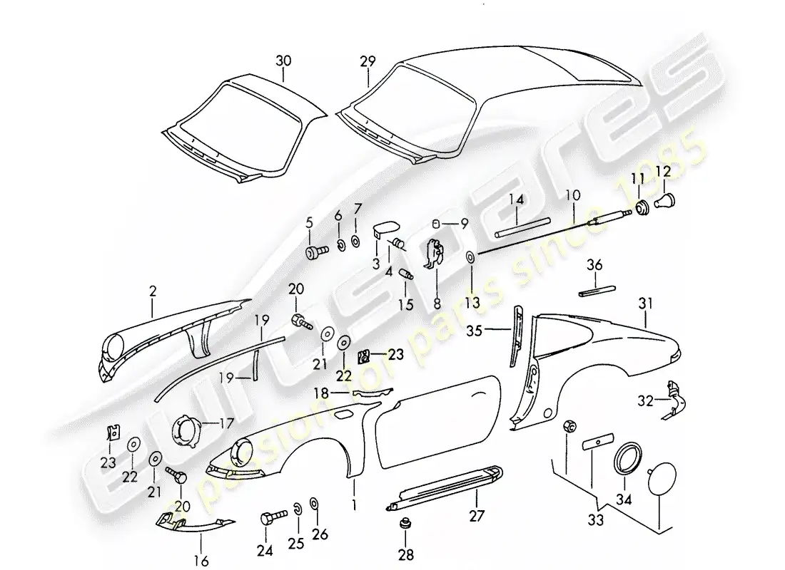 porsche 1969 (911/912) exterior panelling parts diagram