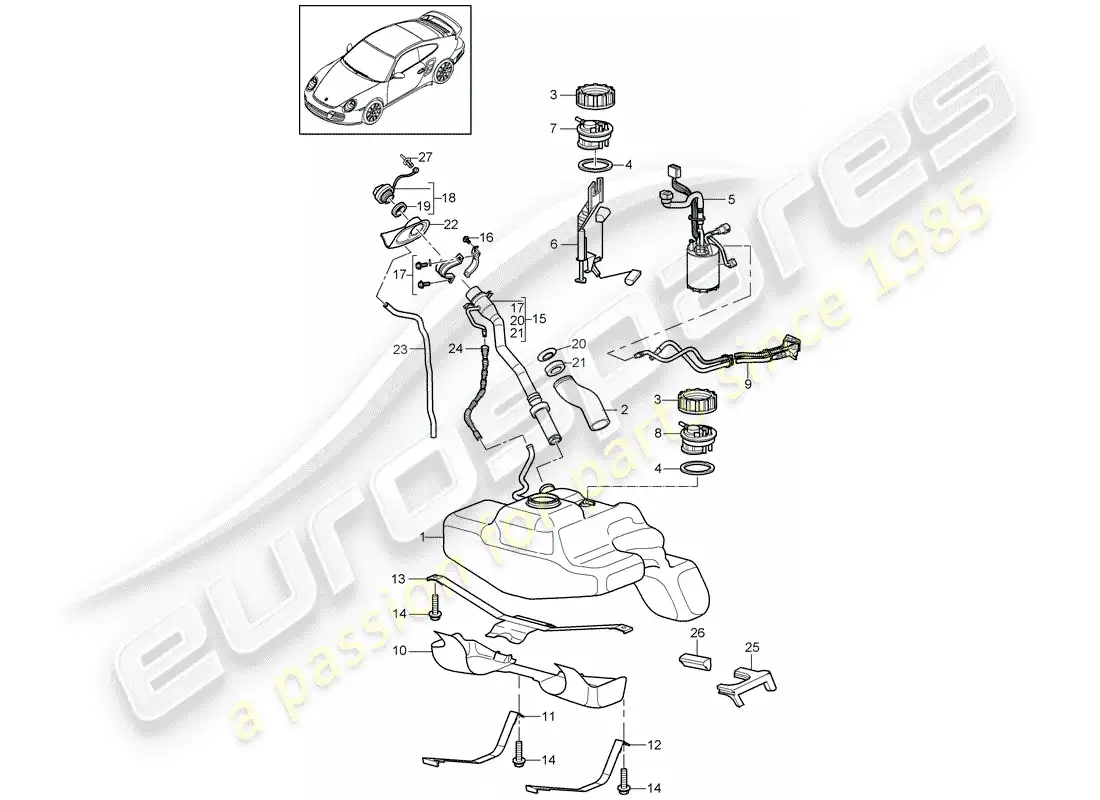 porsche 2011 (997-2 turbo / gt2 rs) fuel tank parts diagram