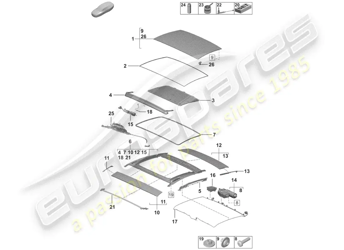 porsche 2020 (992-1) sliding/tilting roof parts diagram