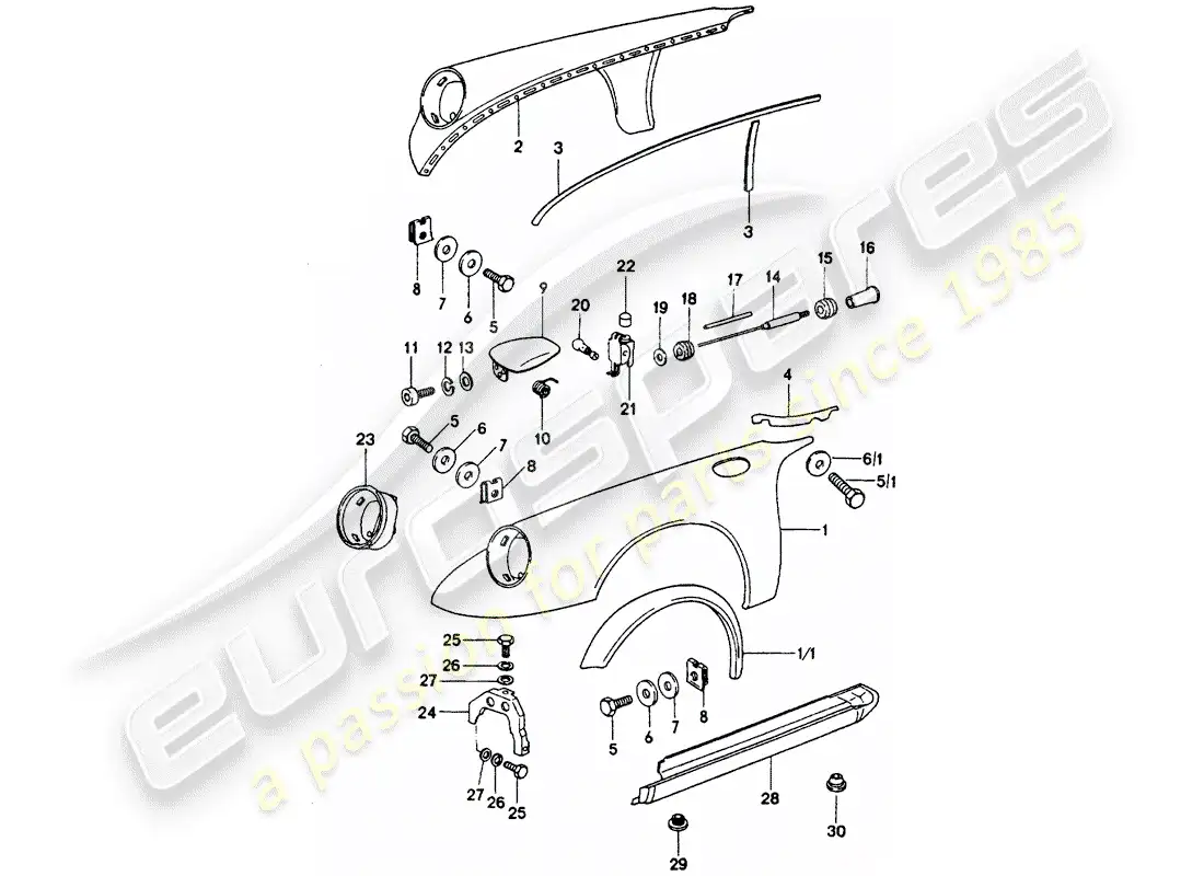 porsche 1975 (911 turbo) exterior panelling parts diagram