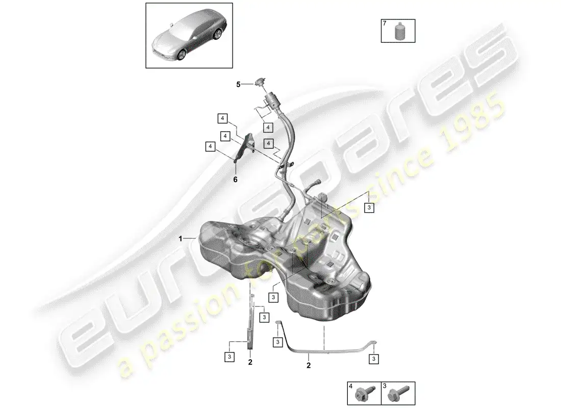 porsche 2018 (panamera 971-1) fuel tank with parts diagram