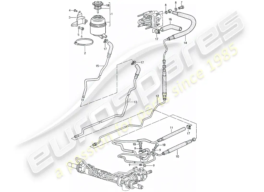 porsche 1996 (993) power steering - lines parts diagram