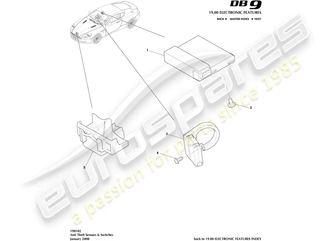 aston martin db9 (2012) anti-theft sensors & switches parts diagram
