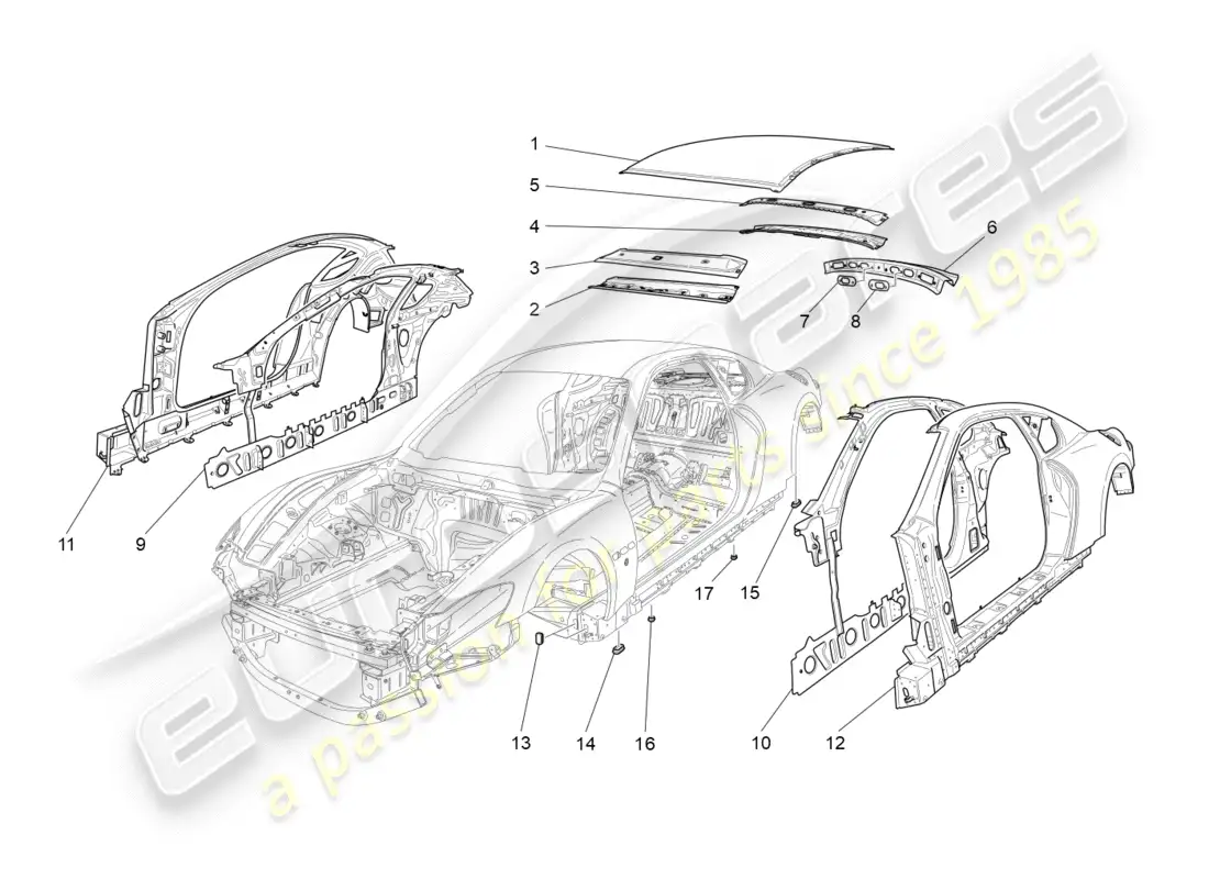maserati granturismo (2013) bodywork and central outer trim panels parts diagram