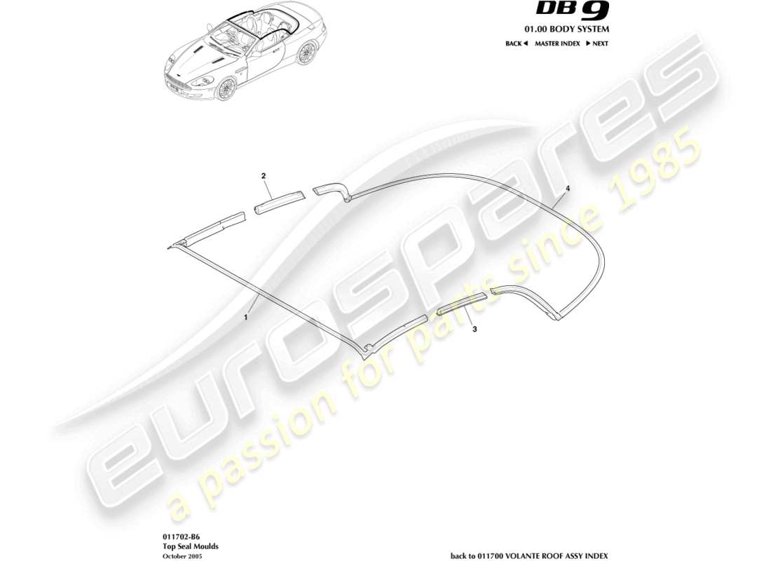 aston martin db9 (2009) top seal moulding part diagram