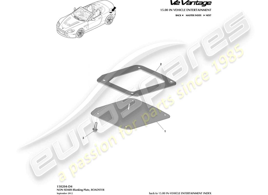 aston martin v12 vantage (2011) non sdars blanking plate, roadster part diagram