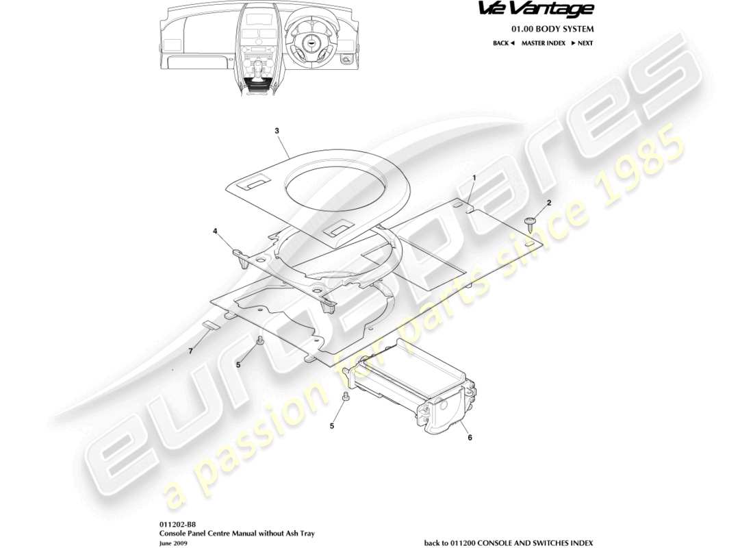 aston martin v12 vantage (2012) front console, less ashtray part diagram